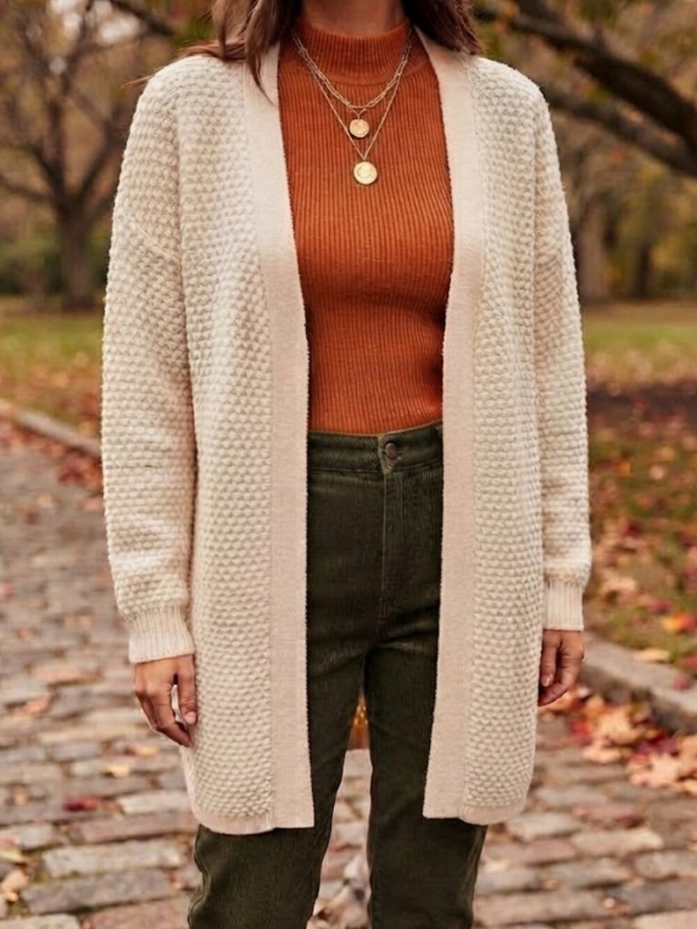 Cream Long Open-Front Knit Cardigan